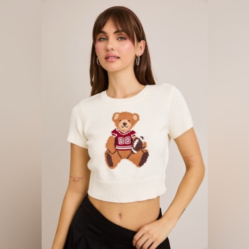 Short Sleeve Football Teddy Bear Sweater Crop Top - Le Lis